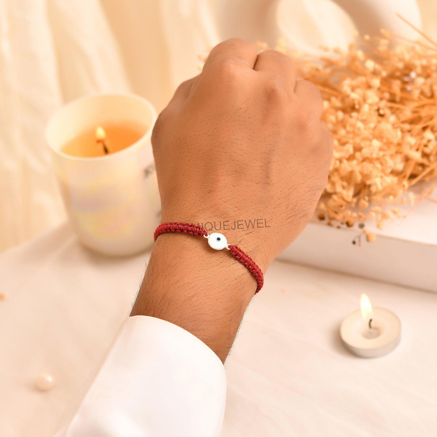WHITE EVIL EYE 925 Silver Rakhi