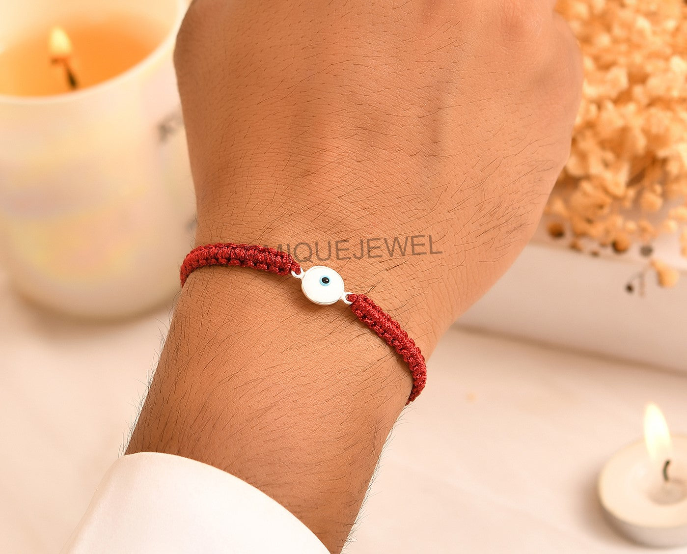 WHITE EVIL EYE 925 Silver Rakhi